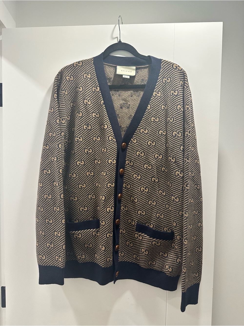 Gucci Brown & Navy GG Monogram V-Neck Cardigan